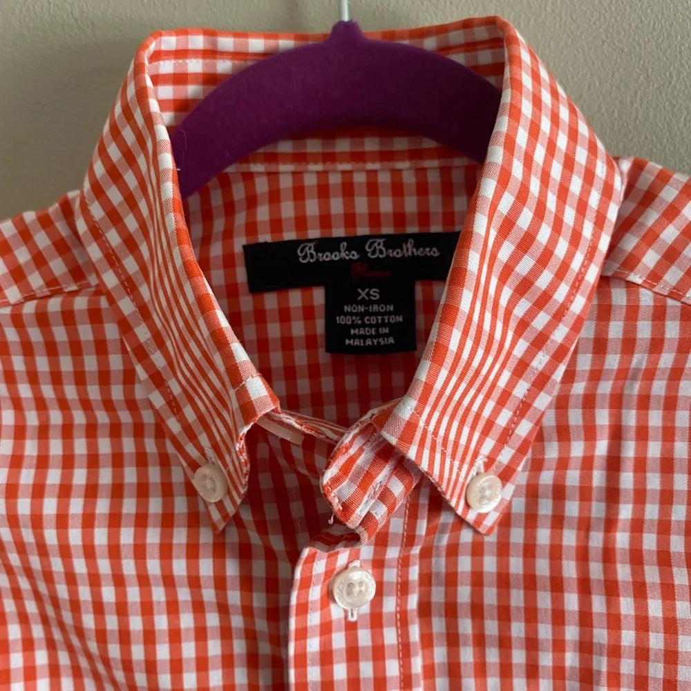 Brooks‎ Brothers Button Up Shirt Boys Size XS Orange Gingham Red Fleece Non Iron